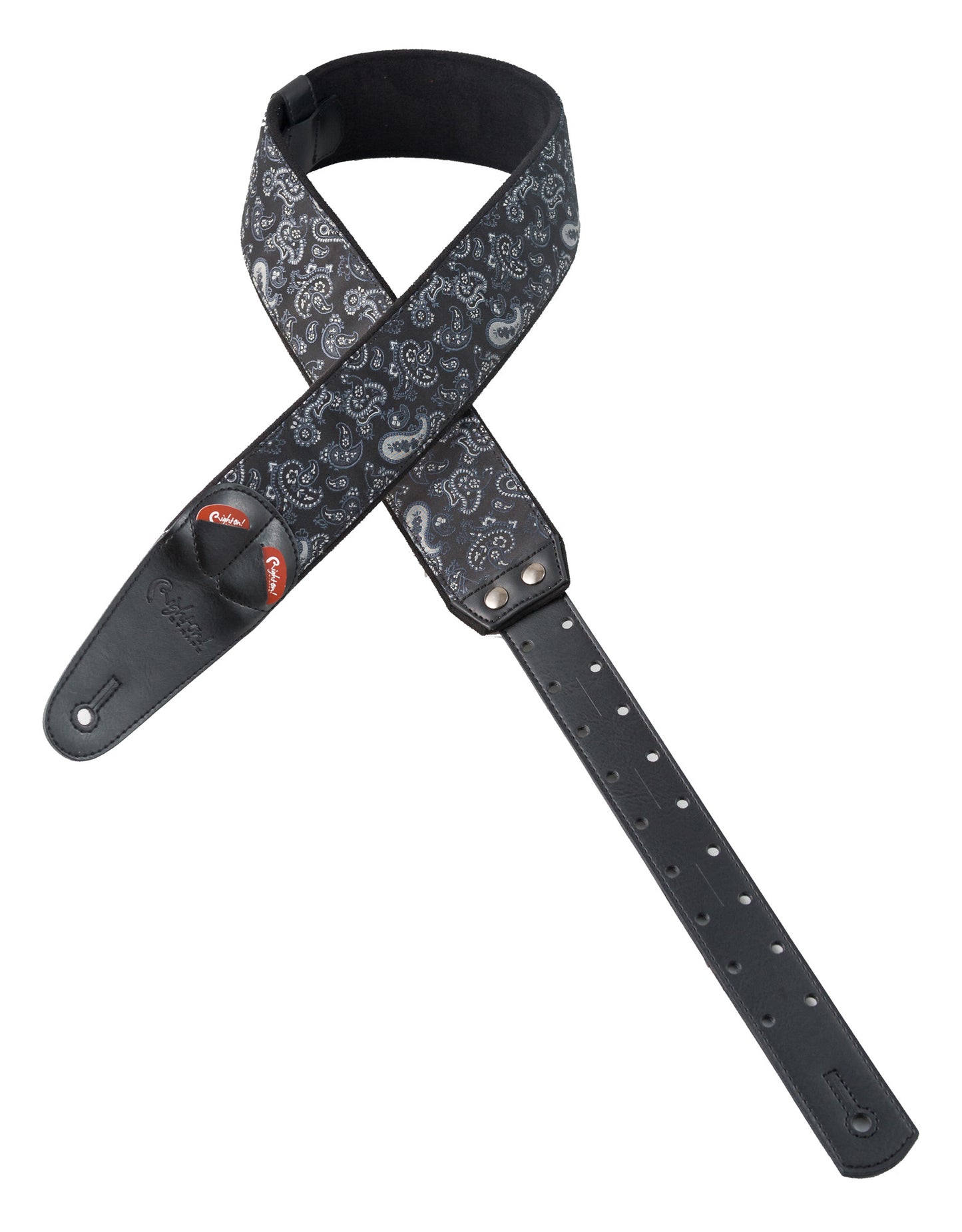 Courroie modèle PAISLEY, extérieur tissu, largeur 6 cm, longueur 100 à 145 cm, porte-médiators intégré, noir