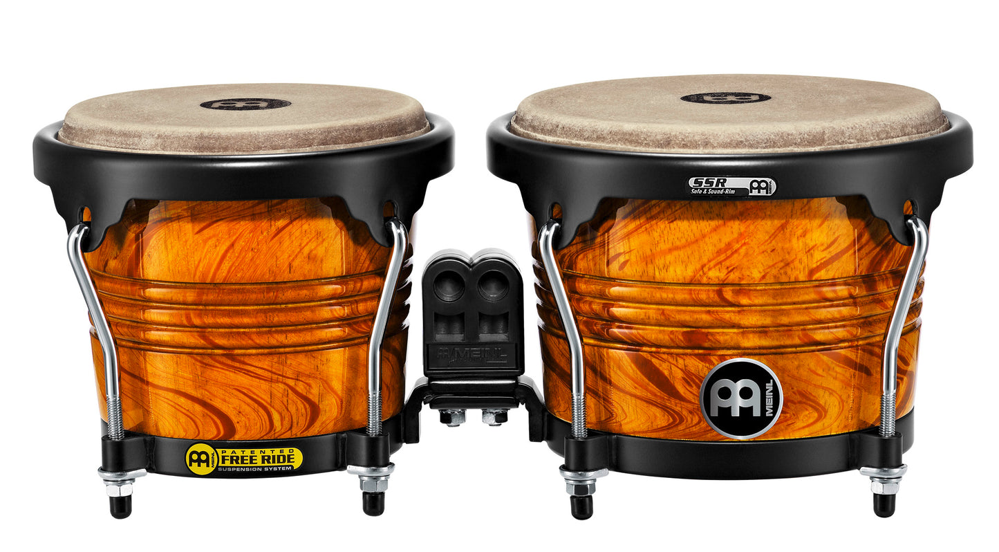 Paire bongos 6"3/4 & 8", hévéa, peaux buffle, suspension Free Ride, crochets 8mm, cercles 2mm, accast. noir, Amber Flame brill