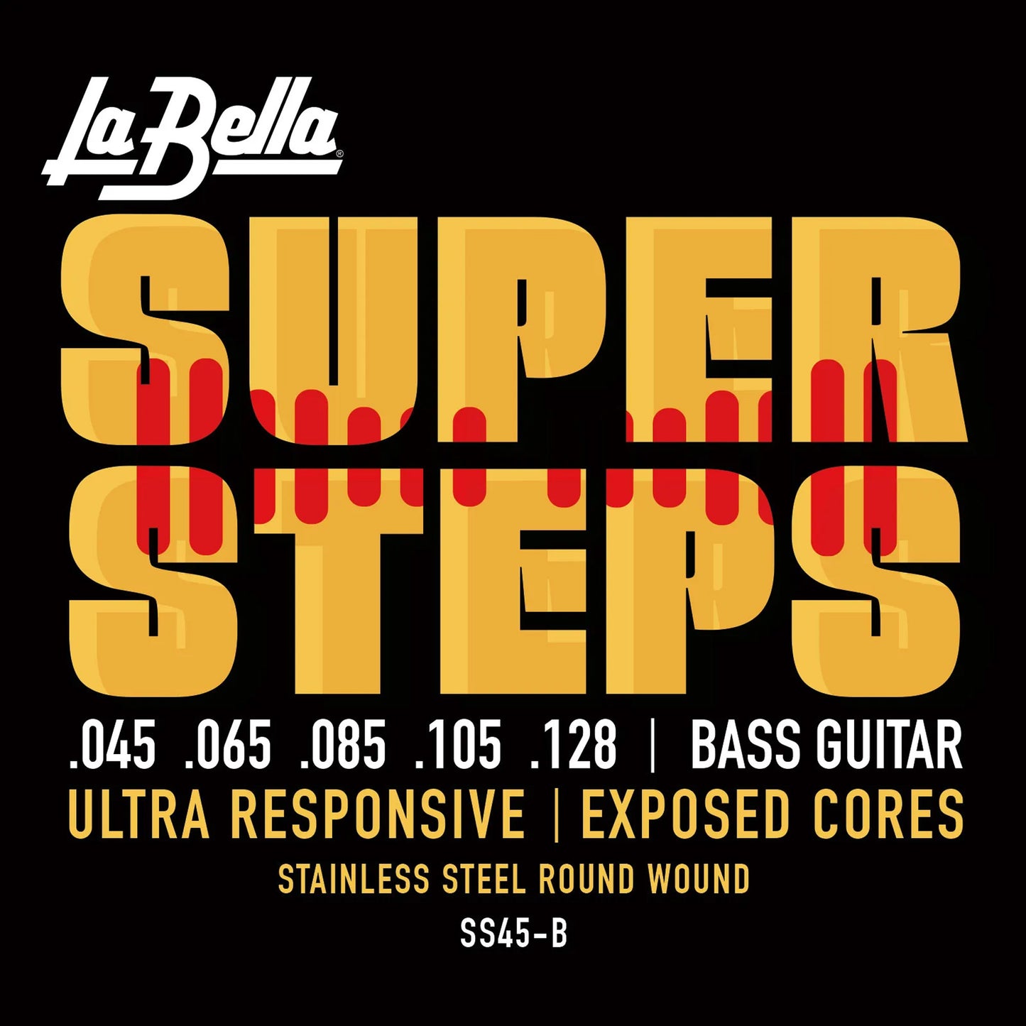 Jeu pour basse électrique SUPER STEPS, acier inoxydable, filé rond avec âme exposée, 5 cordes Custom Light (45-65-85-105-128)