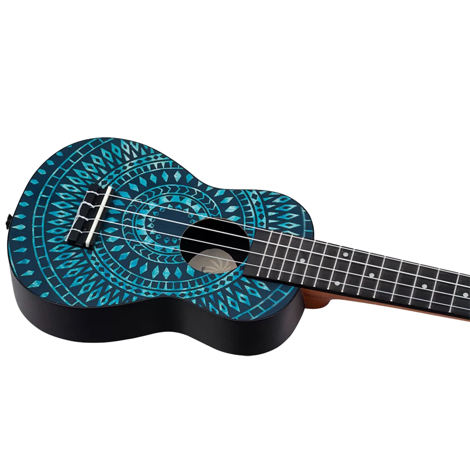 K2SS-BKC, pack ukulélé Soprano Superscale, table agathis design"kaléidoscope", corps ABS galbé, accessoires, bleu satiné