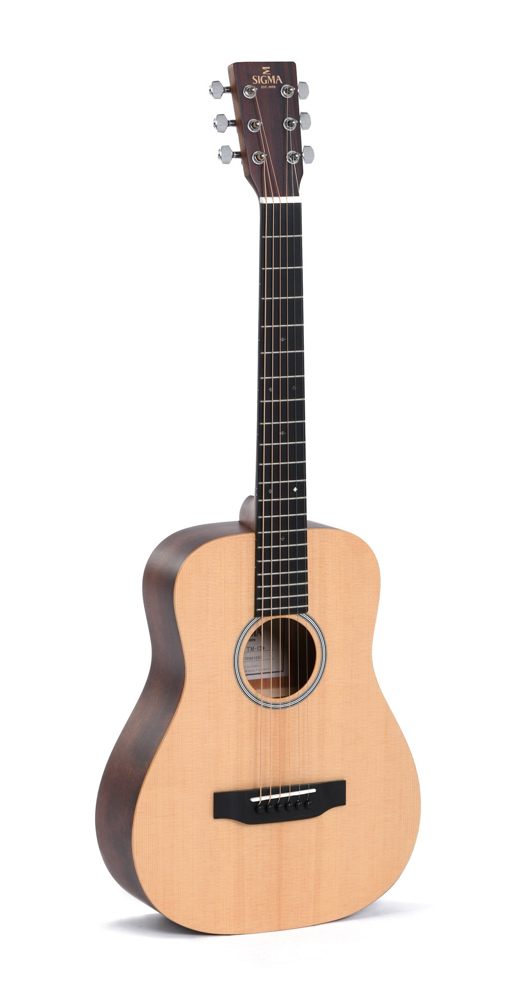 Modèle TM-12, guitare de voyage, table épicéa massif, f/e acajou, touche micarta, housse, naturel satiné