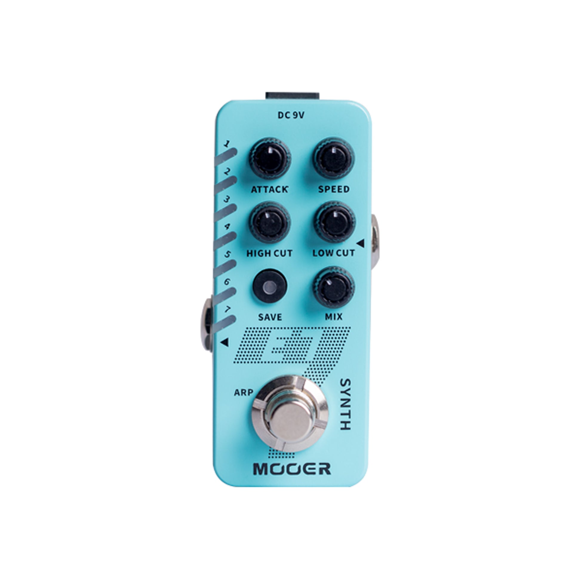 Pédale E7 SYNTH, synthétiseur guitare polyphonique, 7 types de sons, 7 presets utilisateurs, boîtier métal, true bypass, bleu