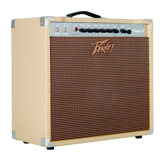 Ampli à lampes 20W, HP 1x 12", 2 canaux, EQ 3 bandes, Reverb intégrée, pédalier inclus, sortie DI, sortie casque, finition tweed