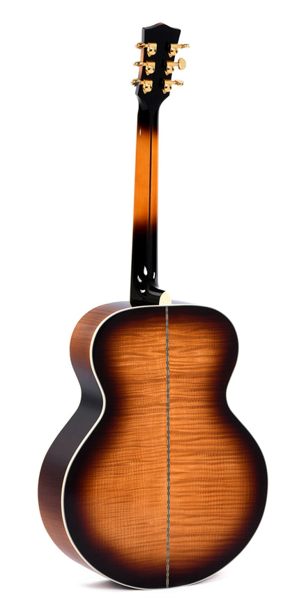 Modèle GJA-SG200, Grand Jumbo, table épicéa massif, f/e érable flammé, touche micarta, EQ Fishman, soft case, sunburst