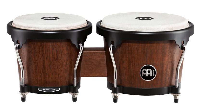 Paire bongos 6"3/4 & 8", fûts hévéa, peaux buffle, crochets 8 mm, cercles arrondis 2mm, accast. noir poudré, Vintage Wine Barrel