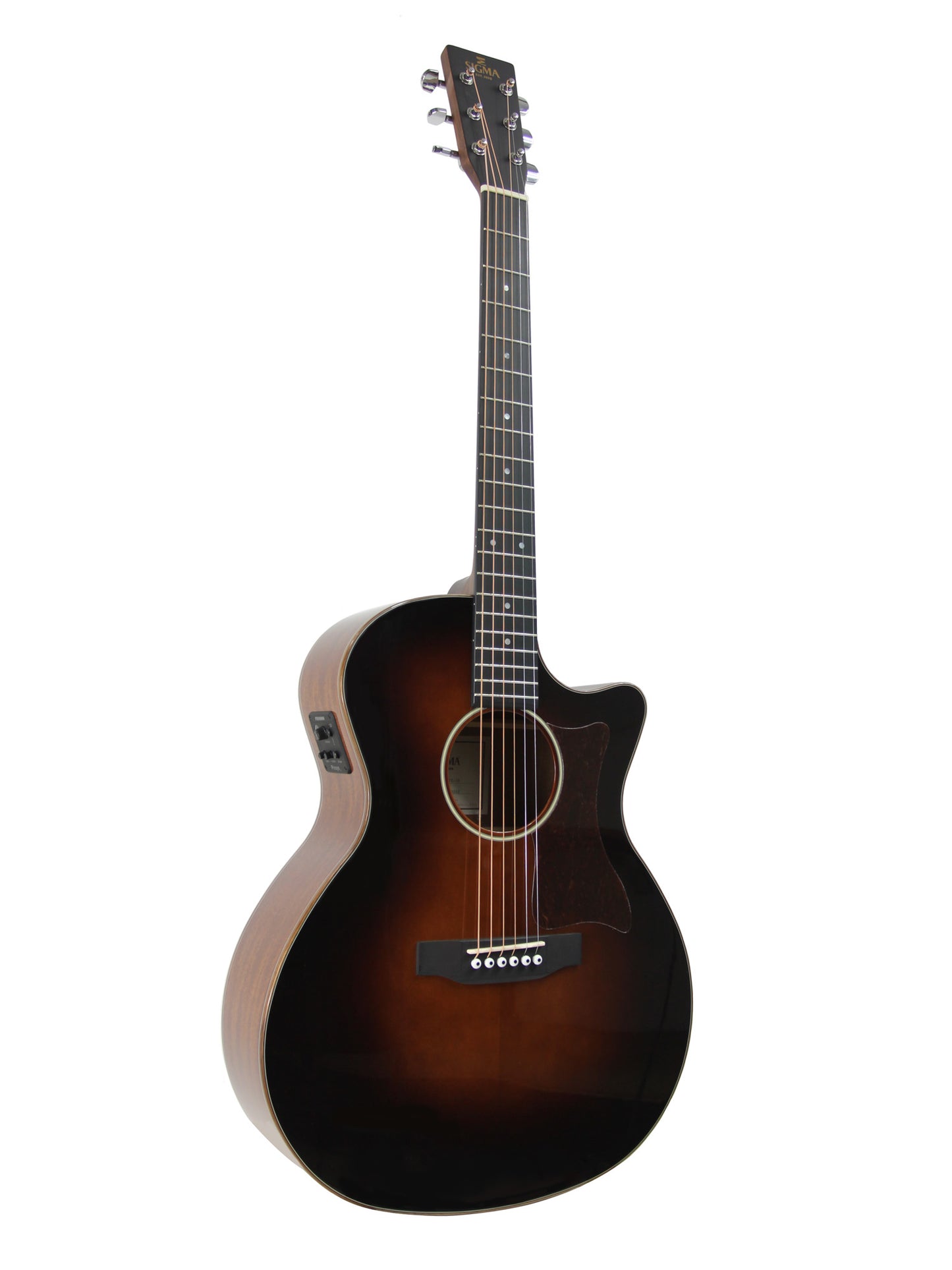 Modèle GMC-1E-SB, Grand OM pan coupé, table épicéa massif, f/e acajou, touche micarta, EQ Fishman, sunburst brillant