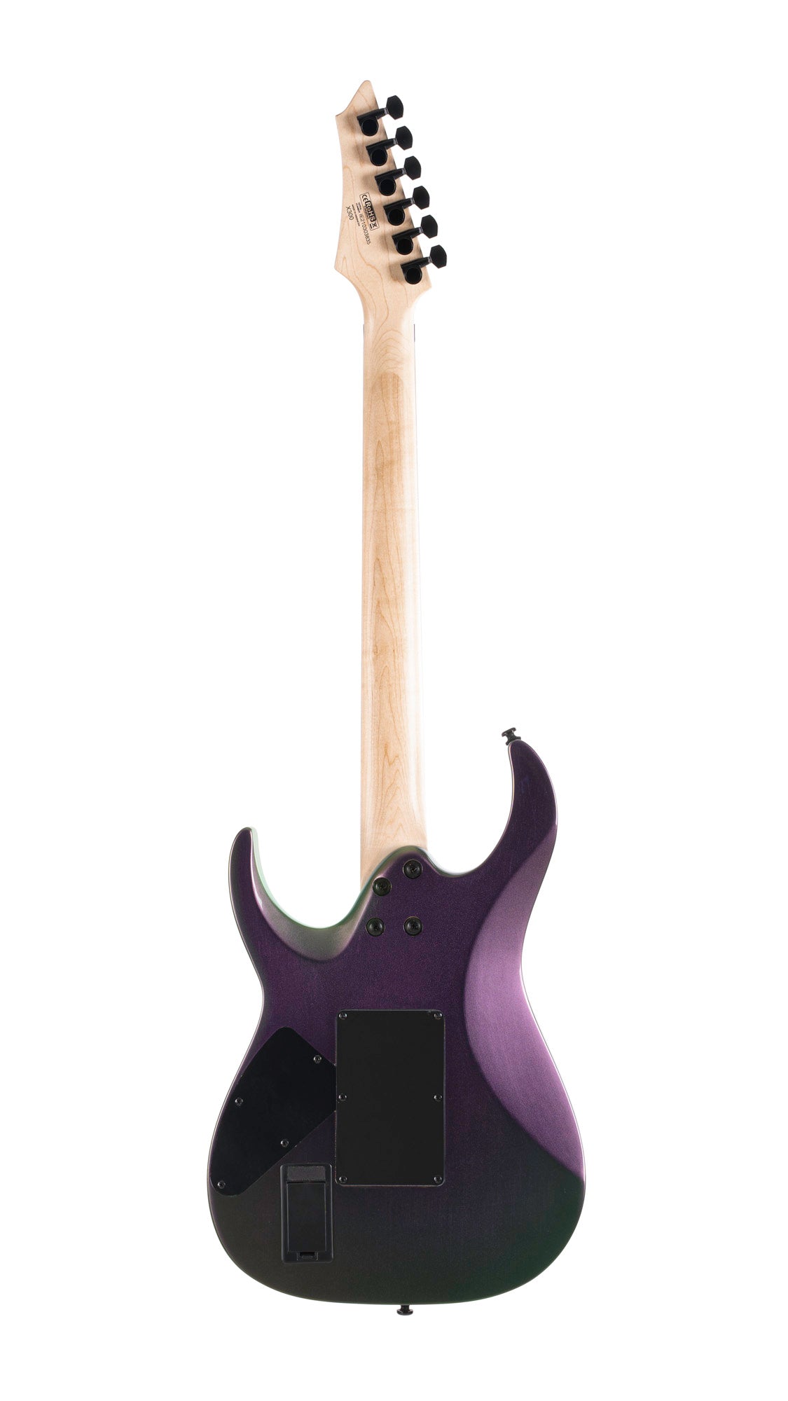 X300, corps tilleul, manche érable, touche palissandre, vibrato Floyd Rose, 2 micros EMG RetroActive Hot70, flip purple