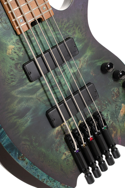 SPACE 5 BSDB, corps érable, table peuplier figuré, manche 7 pièces, micros et EQ Bartolini MK-1, star dust green, housse