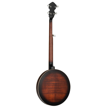 OBJ300, banjo 5 cordes, 24 tirants, fond érable, éclisses acajou, manche acajou, touche palissandre, whiskey burst satiné