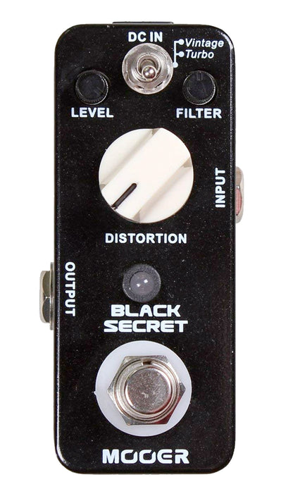 Pédale BLACK SECRET, distorsion vintage chaude et douce à deux modes (Vintage/Turbo), boîtier métal, true bypass, noir