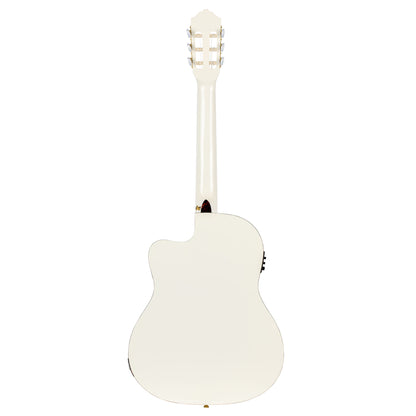 RCE145, modèle à caisse fine, pan coupé, EQ MagusPro, table épicéa massif, manche acajou (sillet 48 mm), blanc brillant