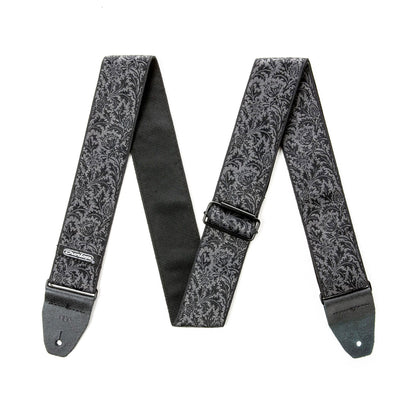 Courroie jacquard modèle BLACK THISTLE, extrémités cuir, largeur 5 cm, noir et gris