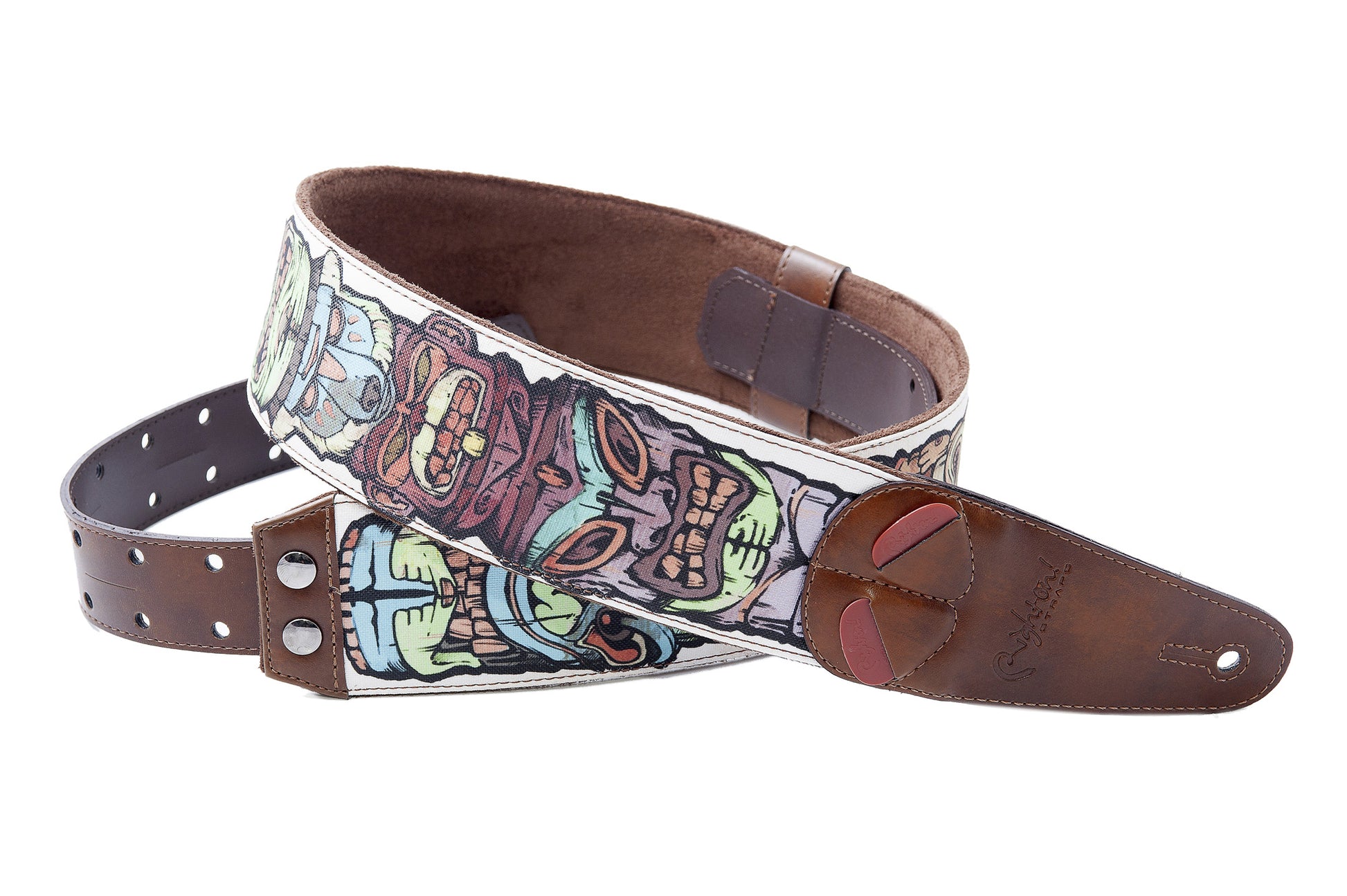 Courroie modèle TIKI, extérieur tissu, largeur 6 cm, longueur 100 à 145 cm, porte-médiators intégré, blanc
