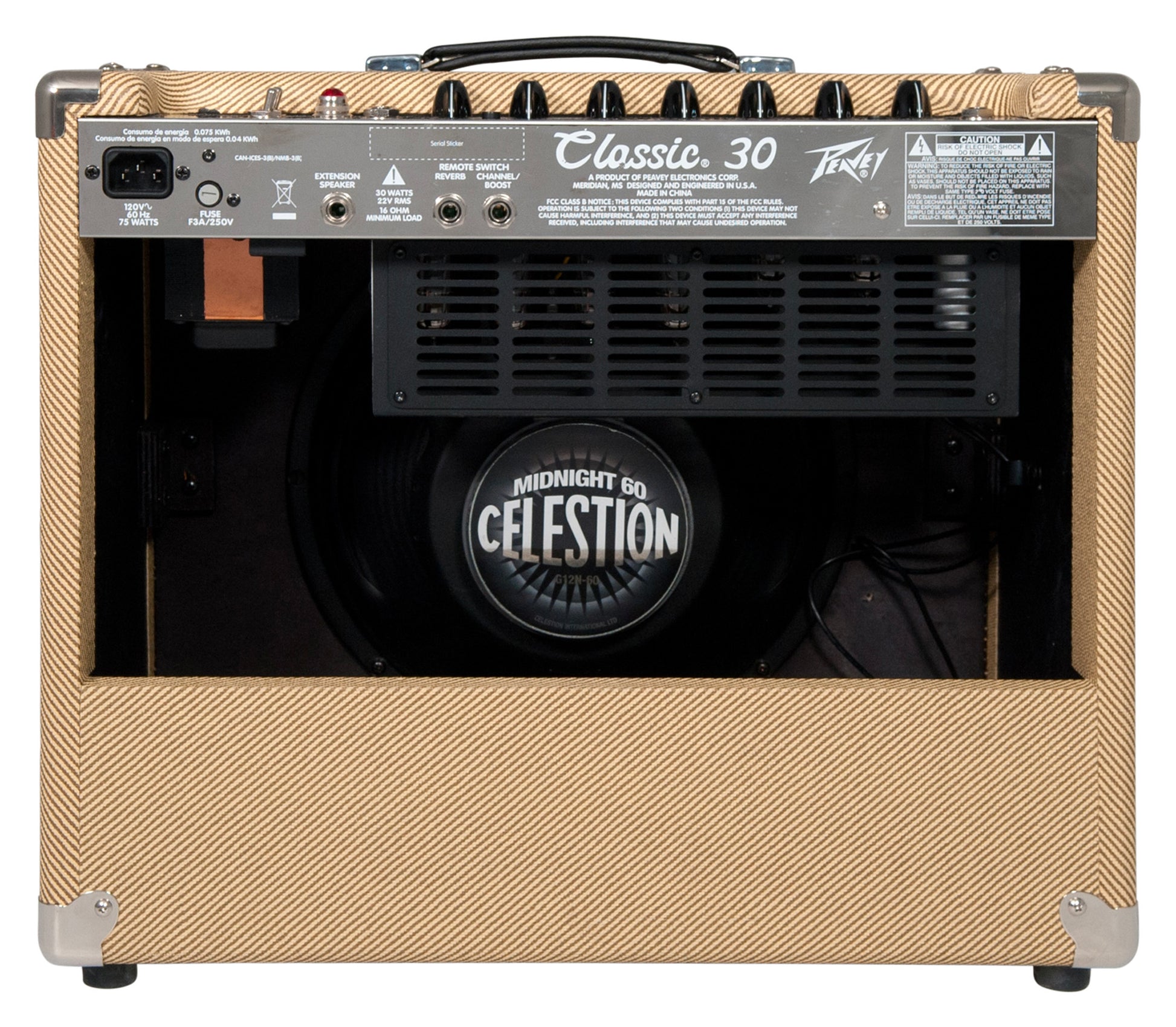 Ampli à lampes 30W, HP 1x 12", 2 canaux, EQ 3 bandes, fonction Boost,"Spring Reverb" intégrée, pédalier inclus, finition tweed