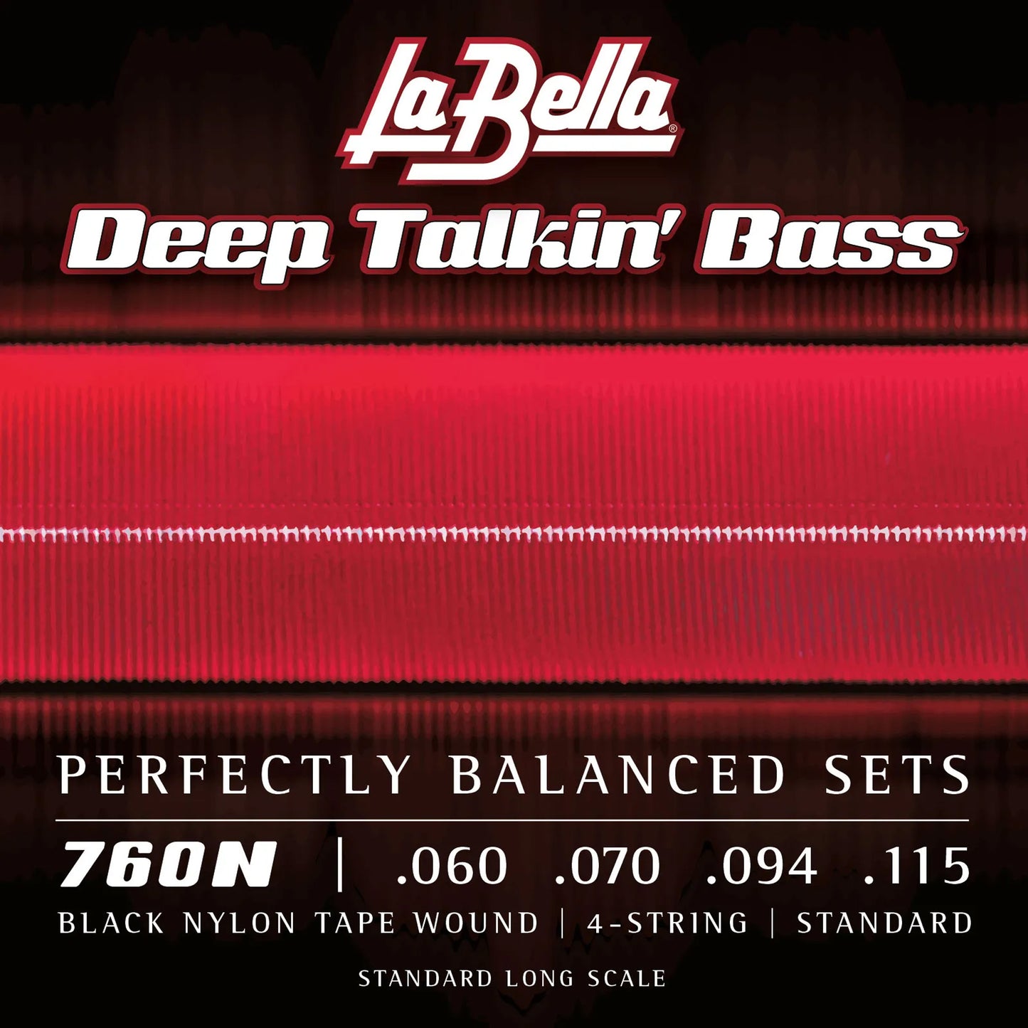 Jeu pour basse électrique BLACK NYLON TAPE, acier inoxydable, filé plat nylon noir, 4 cordes Standard (60-70-94-115)