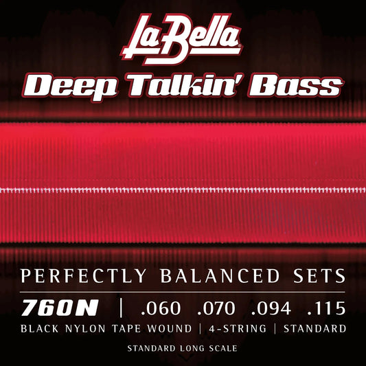 Jeu pour basse électrique BLACK NYLON TAPE, acier inoxydable, filé plat nylon noir, 4 cordes Standard (60-70-94-115)