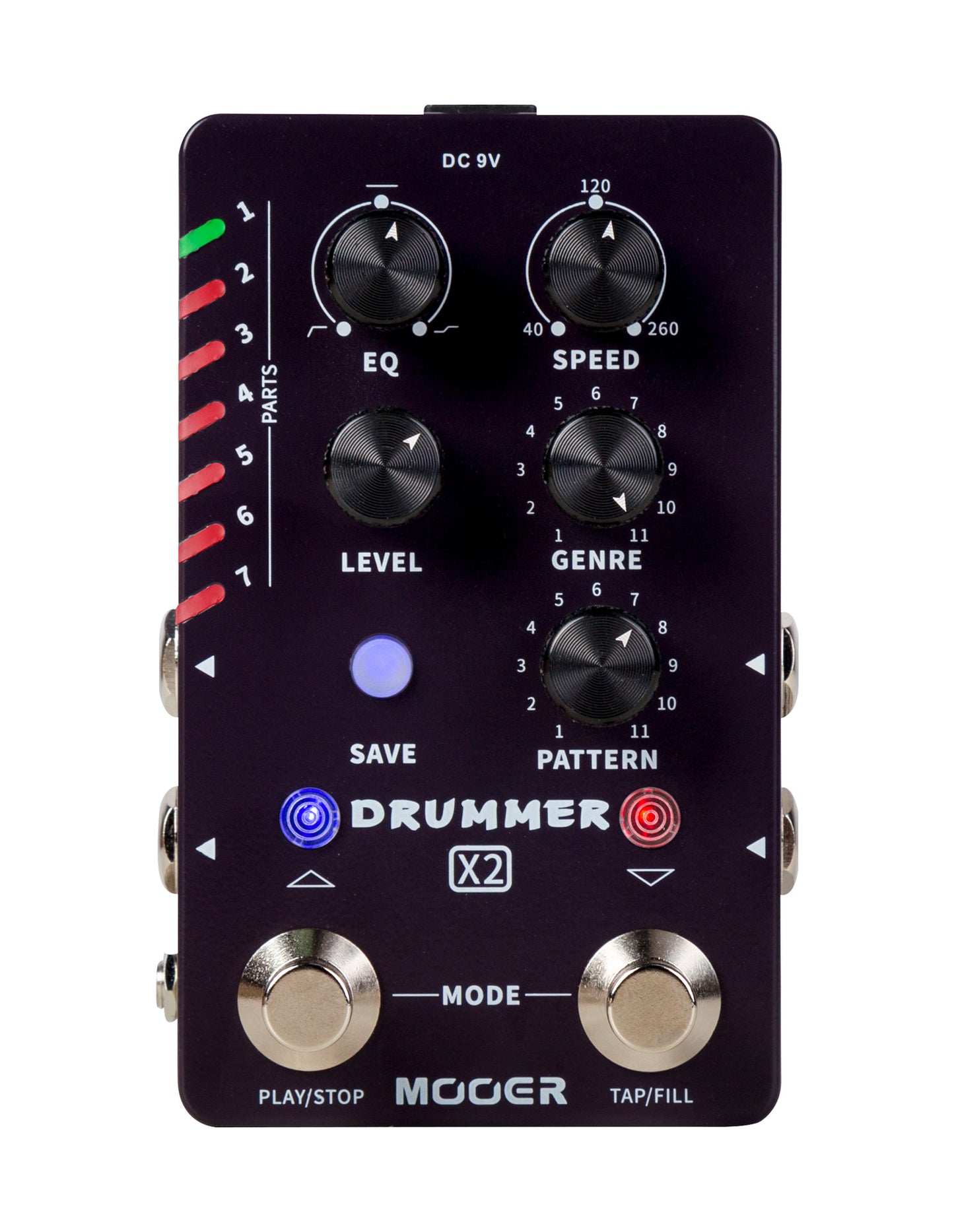 Pédale DRUMMER X2, boite à rythmes stéréo, 11 styles avec 11 grooves différents pour chacun, 7 presets utilisateurs, noir