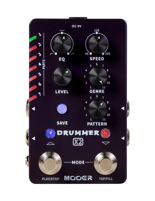 Pédale DRUMMER X2, boite à rythmes stéréo, 11 styles avec 11 grooves différents pour chacun, 7 presets utilisateurs, noir