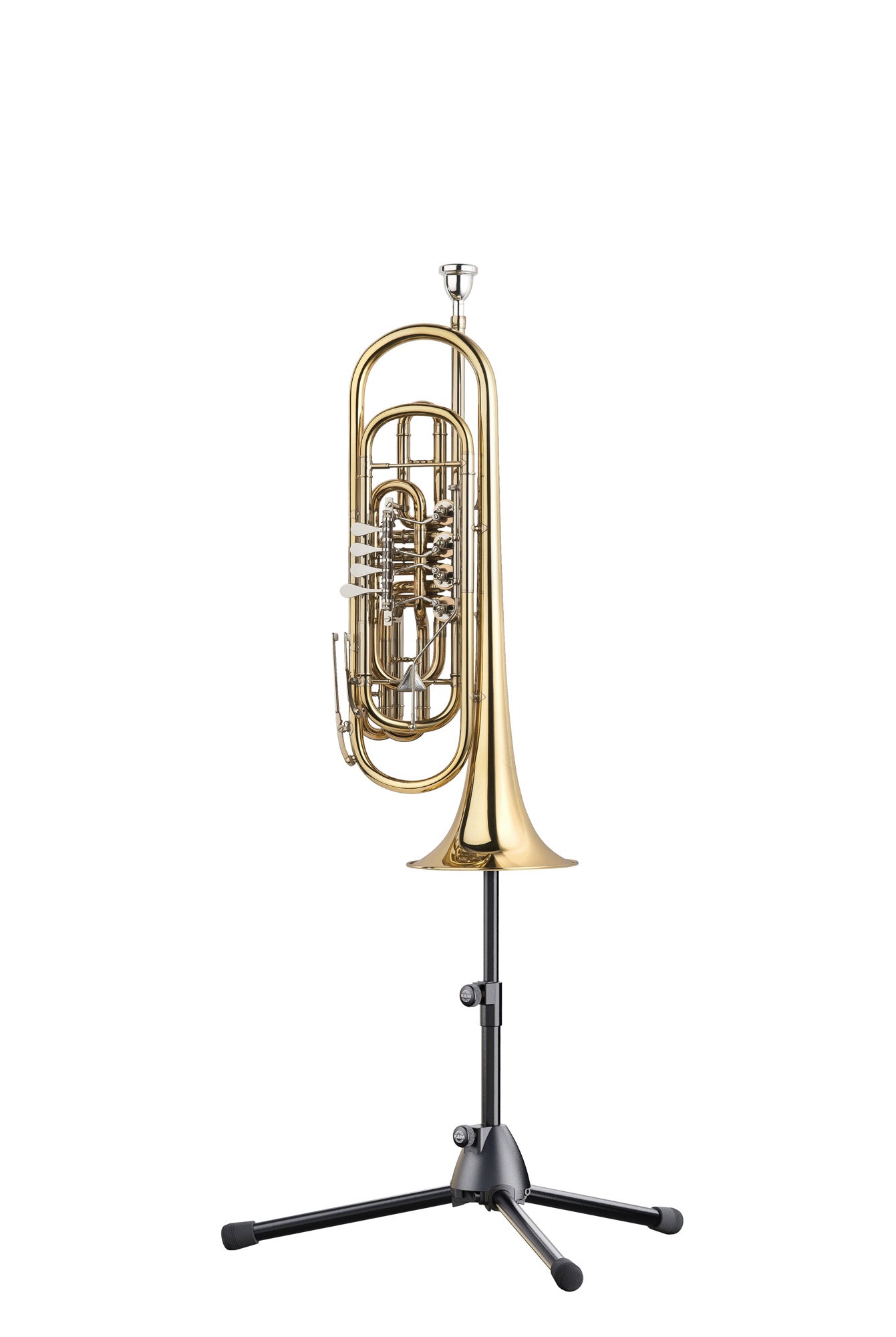 Support haut de trompette basse et bugle basse K&M 15239, sur pied.