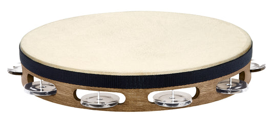 Tambourin bois avec peau de chèvre sélectionnée à la main, 1 rangée de cymbalettes acier inoxydable, Walnut Brown