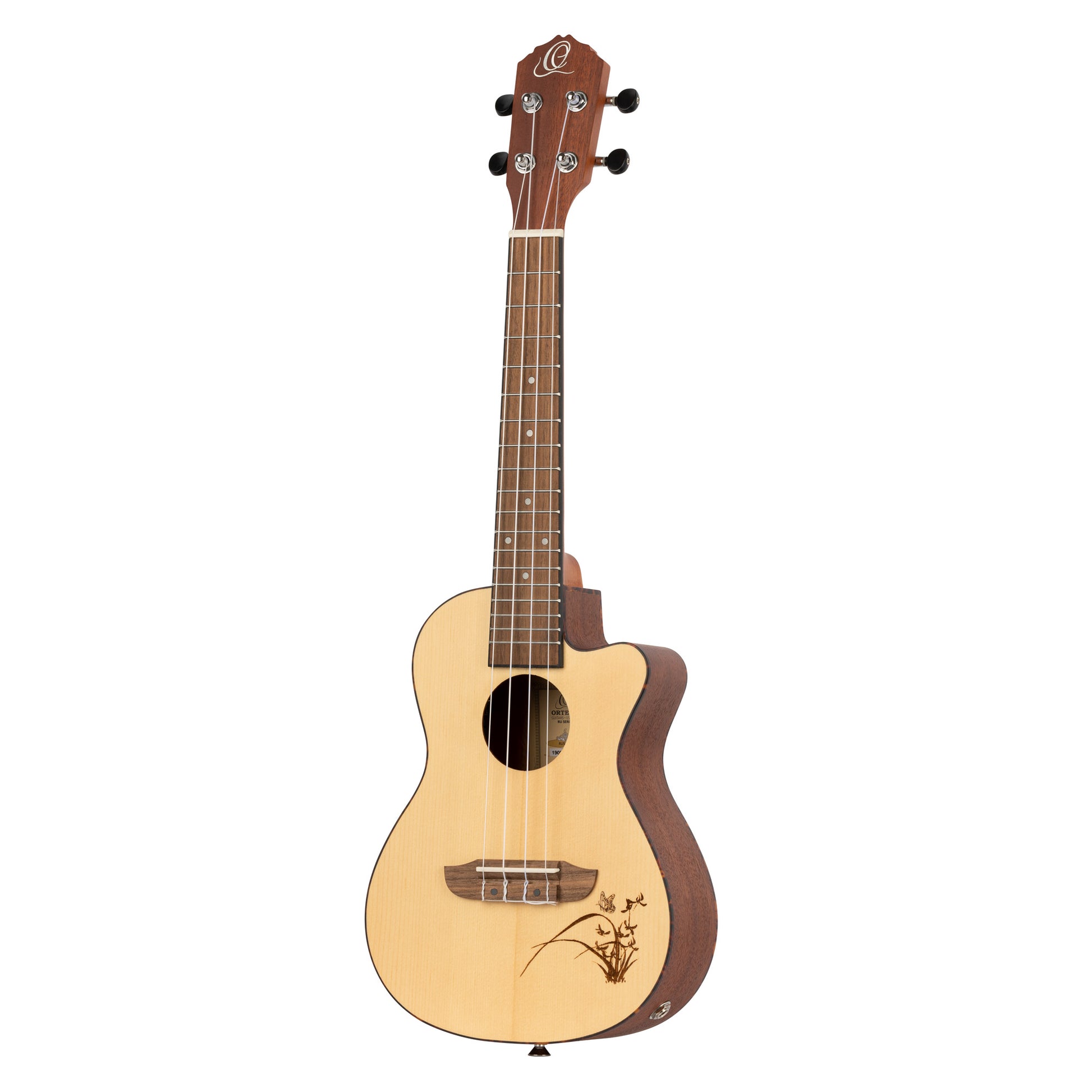RU5CE, modèle Concert pan coupé, EQ MagusUke, table épicéa avec motif, f/e sapele, manche acajou, naturel satiné
