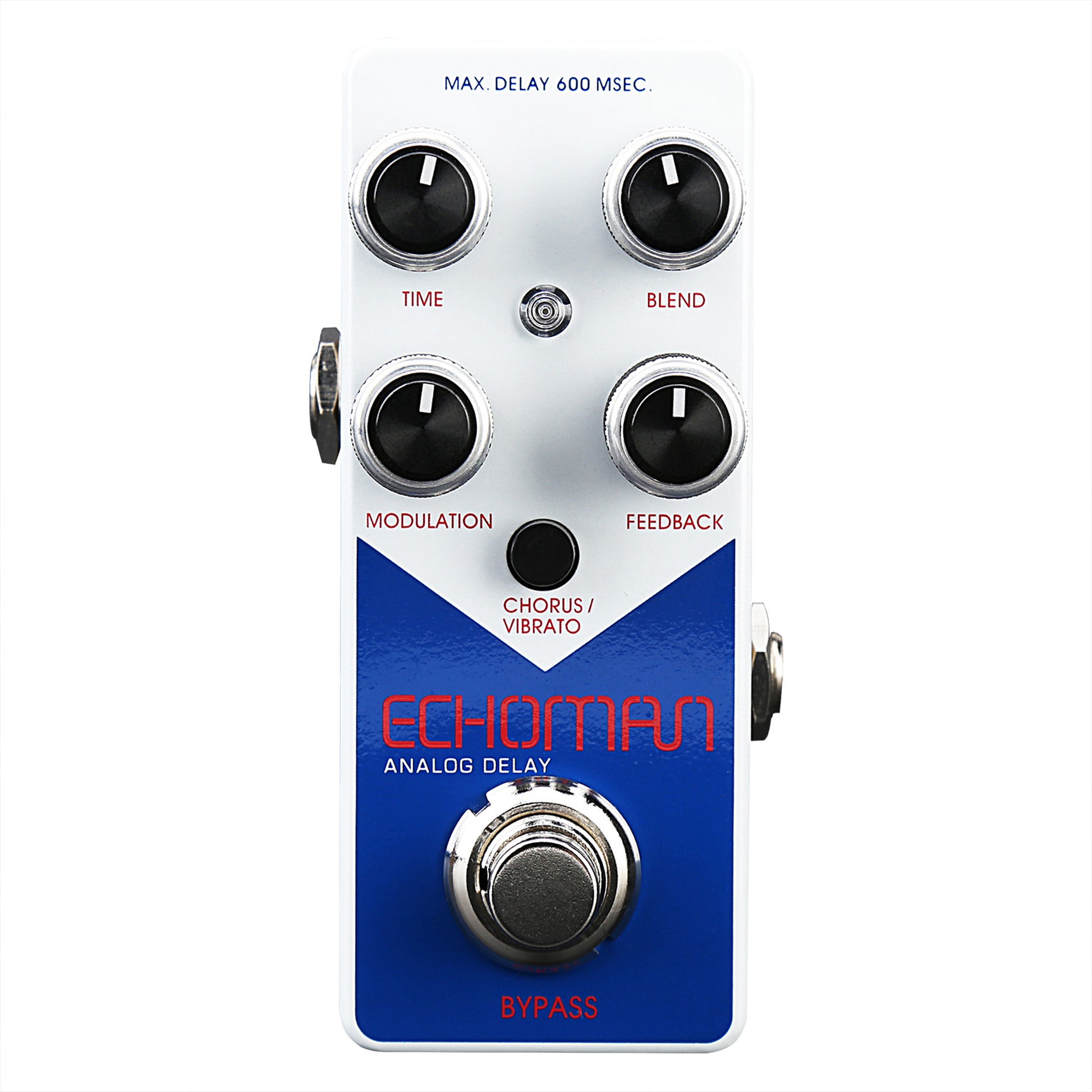 Pédale d'effet ECHOMAN, délai type analogique (jusqu'à 600 ms), modulation (CHORUS/VIBRATO), buffered bypass, blanc et bleu