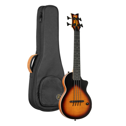 NEO-BS-TSB, modèle Ukebass, pan coupé, EQ MagusExpress, table érable flammé, corps okoumé, manche érable, housse, tobacco burst