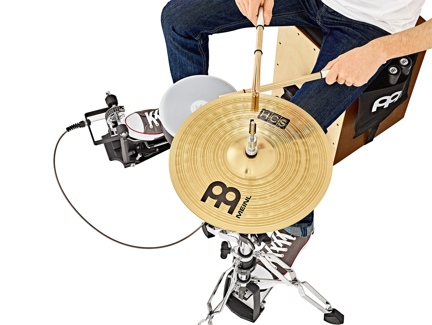 BATTERIE CAJON MEINL BOULEAU, SNARE, TMCP, HOUSSE, FAGOTS MULTI-STICKS, CLAMP, PIED CHARLESTON MLH, HIT-HAT HCS 13", SH4BK