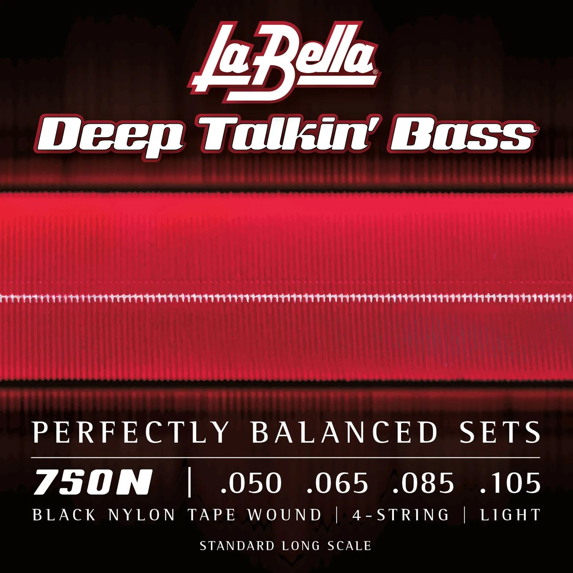 Jeu pour basse électrique BLACK NYLON TAPE, acier inoxydable, filé plat nylon noir, 4 cordes Light (50-65-85-105)