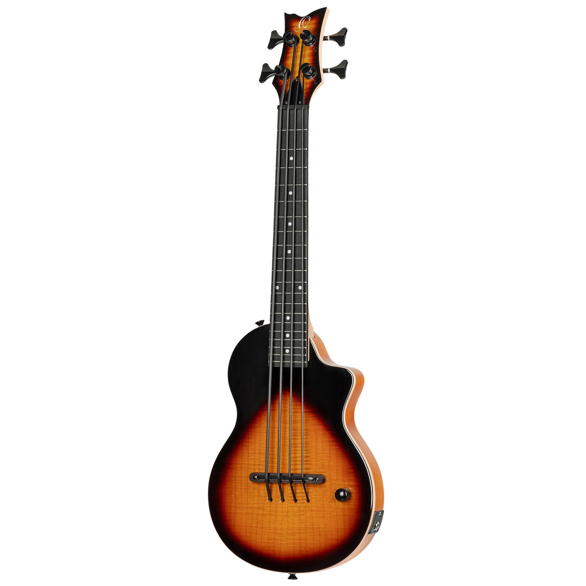 NEO-BS-TSB, modèle Ukebass, pan coupé, EQ MagusExpress, table érable flammé, corps okoumé, manche érable, housse, tobacco burst