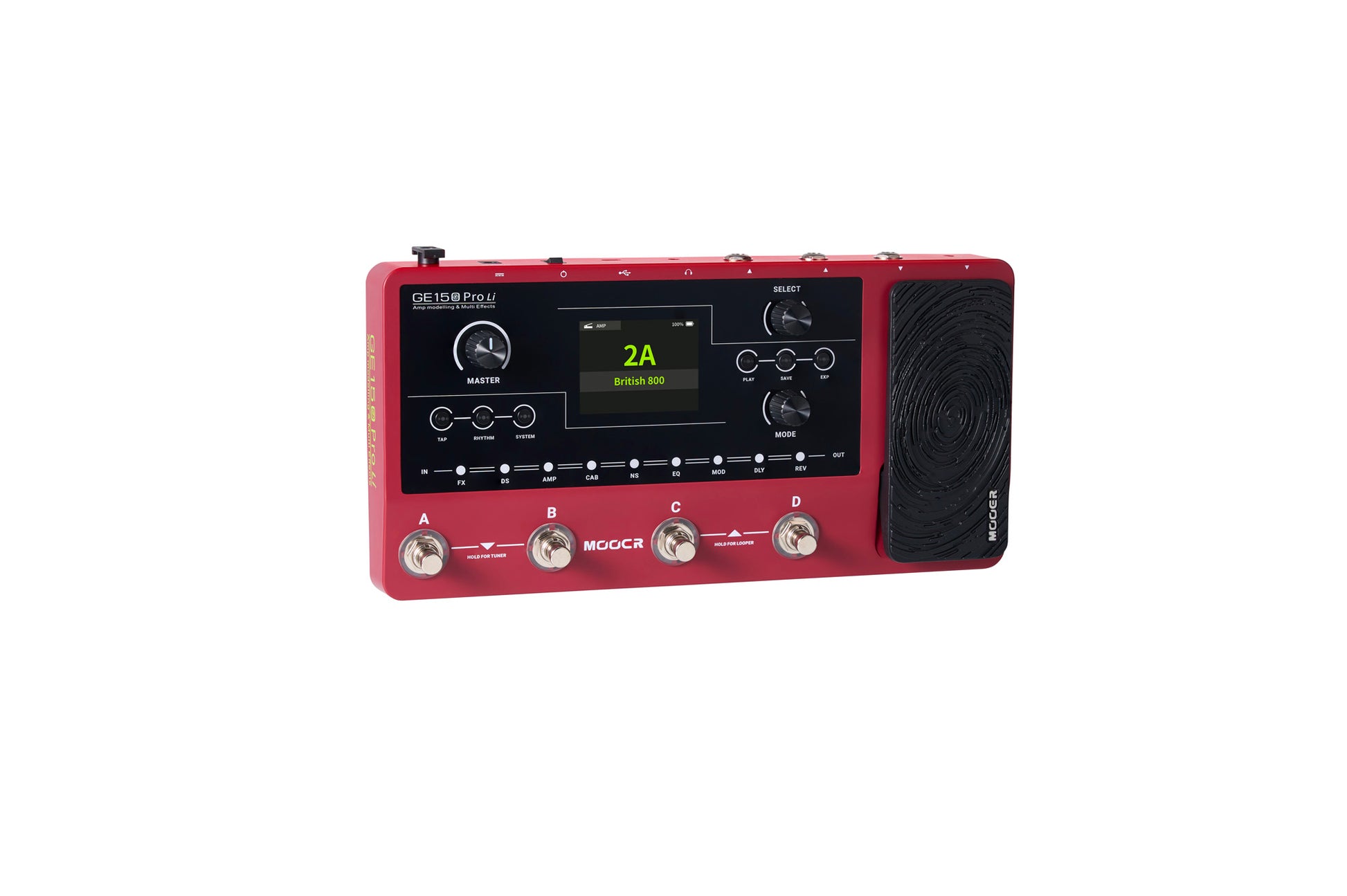 Pédalier multi-effets GE150 PRO Li, 55 simulations d'amplis haute-qualité, 26 simulations de HP (IR), batterie lithium, rouge