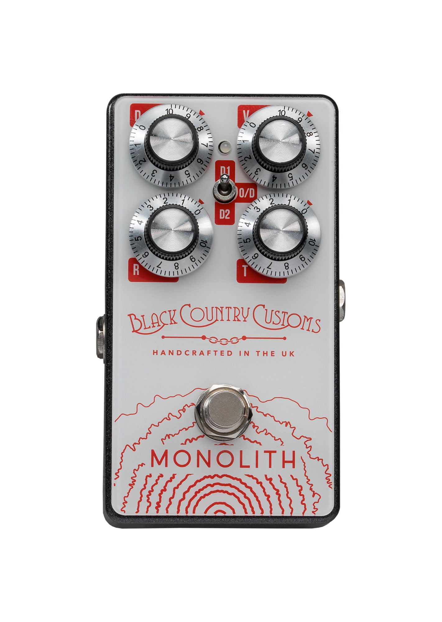 Pédale distorsion MONOLITH, 3 modes, switch silencieux, boitier métal, blanc et rouge