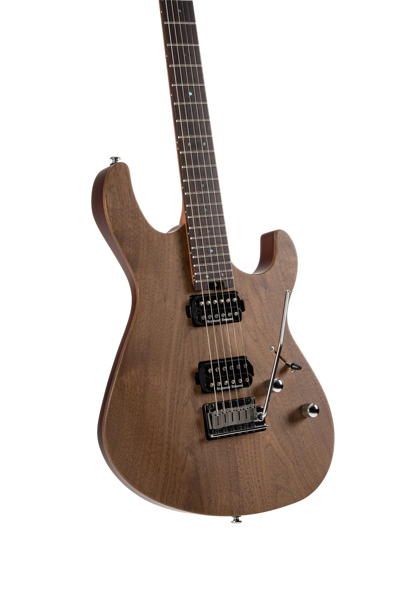 G300 RAW, corps acajou chambré, table noyer, manche acajou, touche palissandre, 2 micros Seymour Duncan, naturel satiné