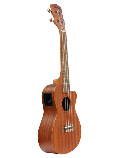 Ukulélé Concert, pan coupé, table sapele, fond & éclisses sapele, rosace gravée, préampli EQ-7B, housse, naturel