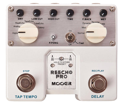 Pédale REECHO PRO, série Twin, délai numérique stéréo à 6 modes, boîtier métal, true bypass, blanc