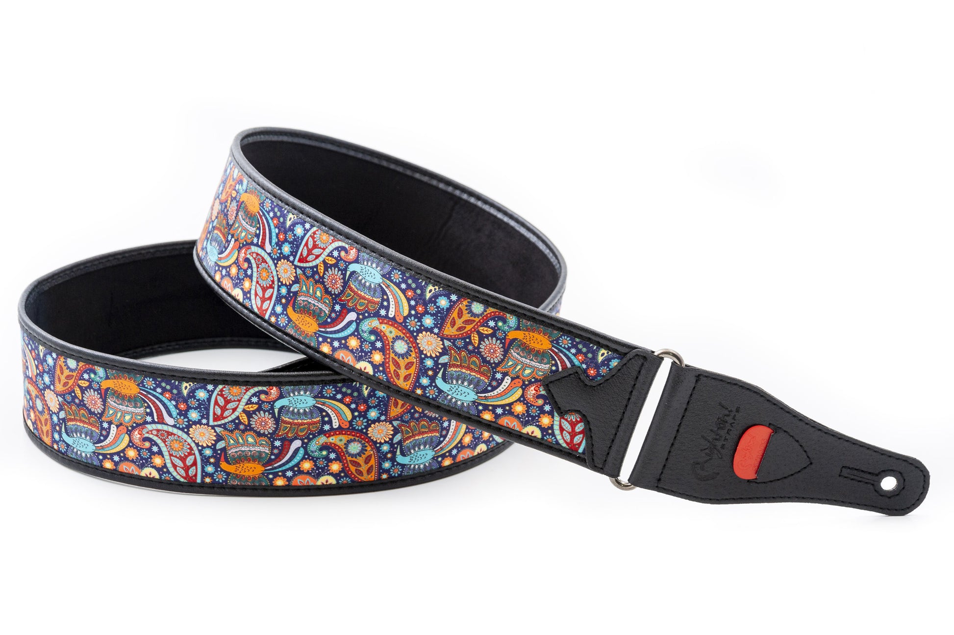 Courroie modèle KASHMIR BLEU, tissu, extrémités synthétique, largeur 6 cm, longueur 90 à 150 cm, porte-médiators intégré, unic