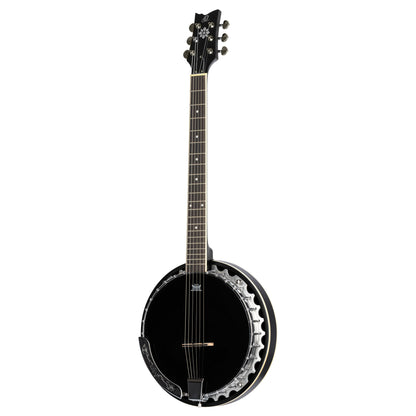 OBJ3506, banjo 6 cordes, 30 tirants, cercle aluminium, manche acajou, résonateur acajou, housse, noir satiné