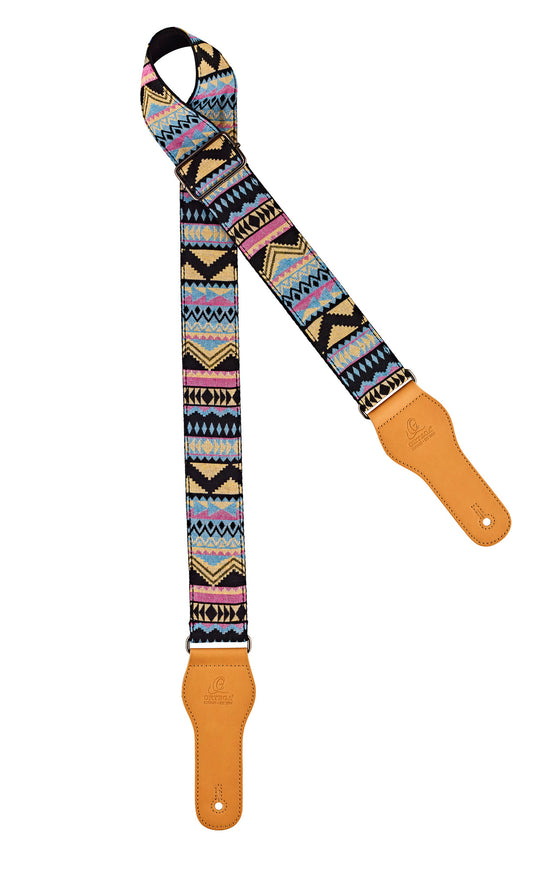 Courroie guitare, 100% coton, extrémités simili cuir, largeur 4.9 cm, longueur jusqu'à 158 cm, indian sky