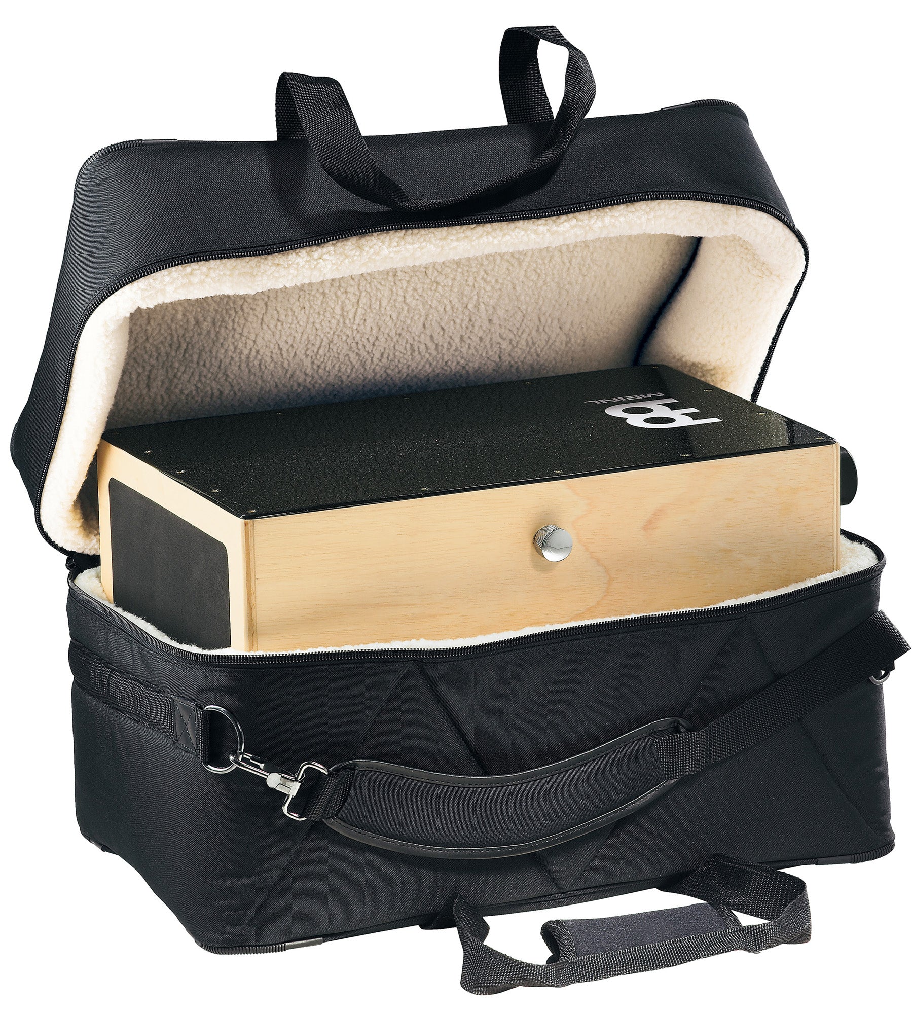Housse cajon luxe, nylon rembourré 20 mm, fourrure synthétique, poignée, sangle rembourrée, 52x30.5x30.5, noir