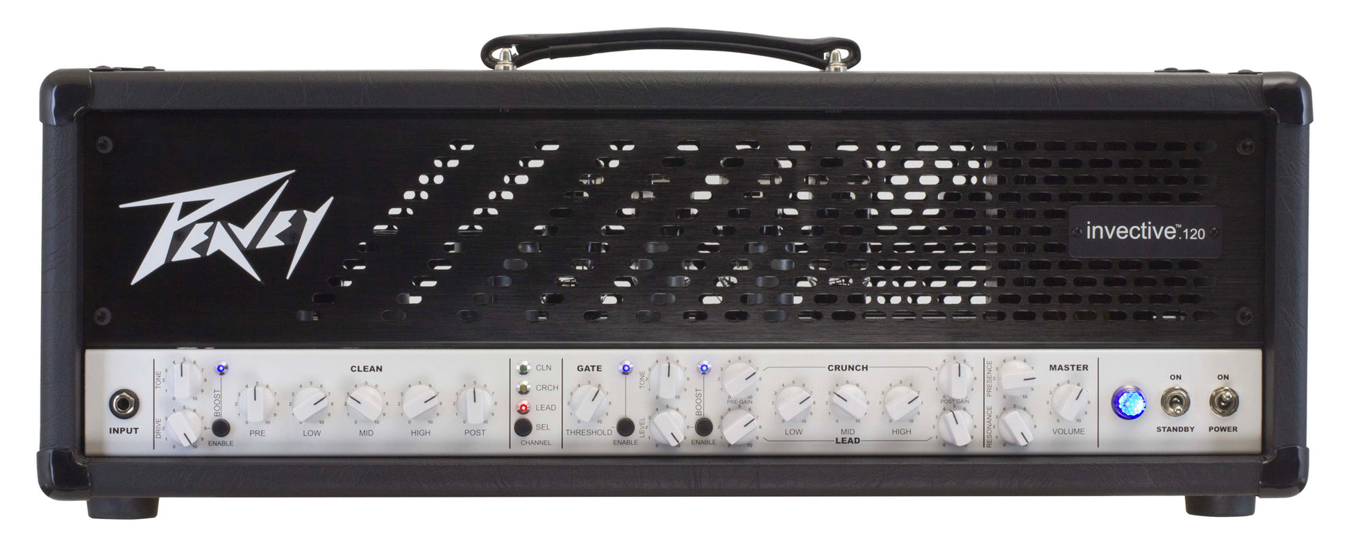 Tête amplifiée à lampes 120W, 3 canaux, EQ 3 bandes, Gate, Boost, développé en collaboration avec Misha Mansoor, finition noir