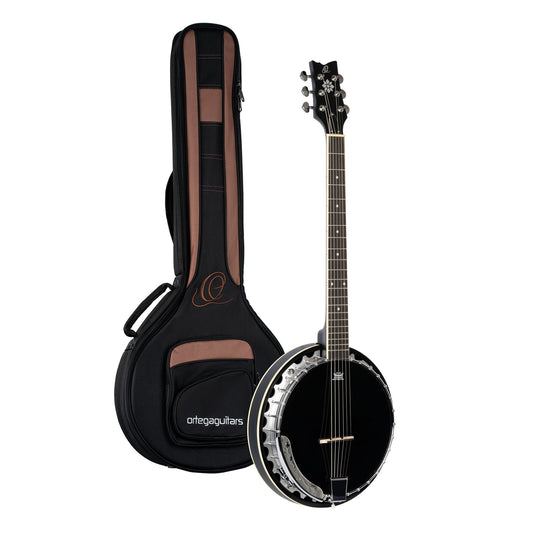 OBJ3506, banjo 6 cordes, 30 tirants, cercle aluminium, manche acajou, résonateur acajou, housse, noir satiné