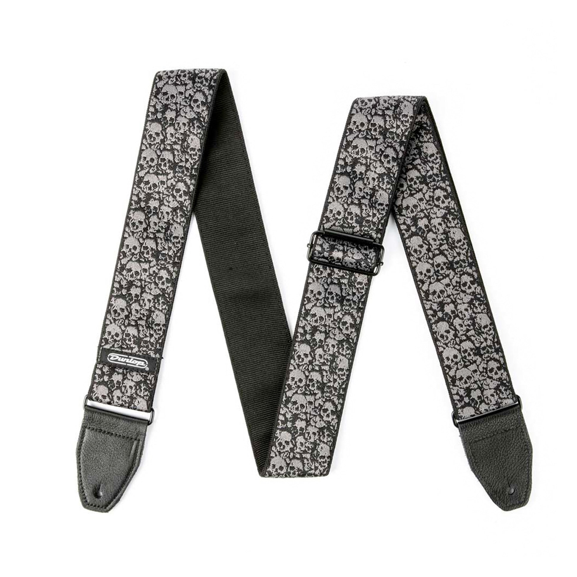 Courroie jacquard modèle CATACOMB, extrémités cuir, largeur 5 cm, noir et gris