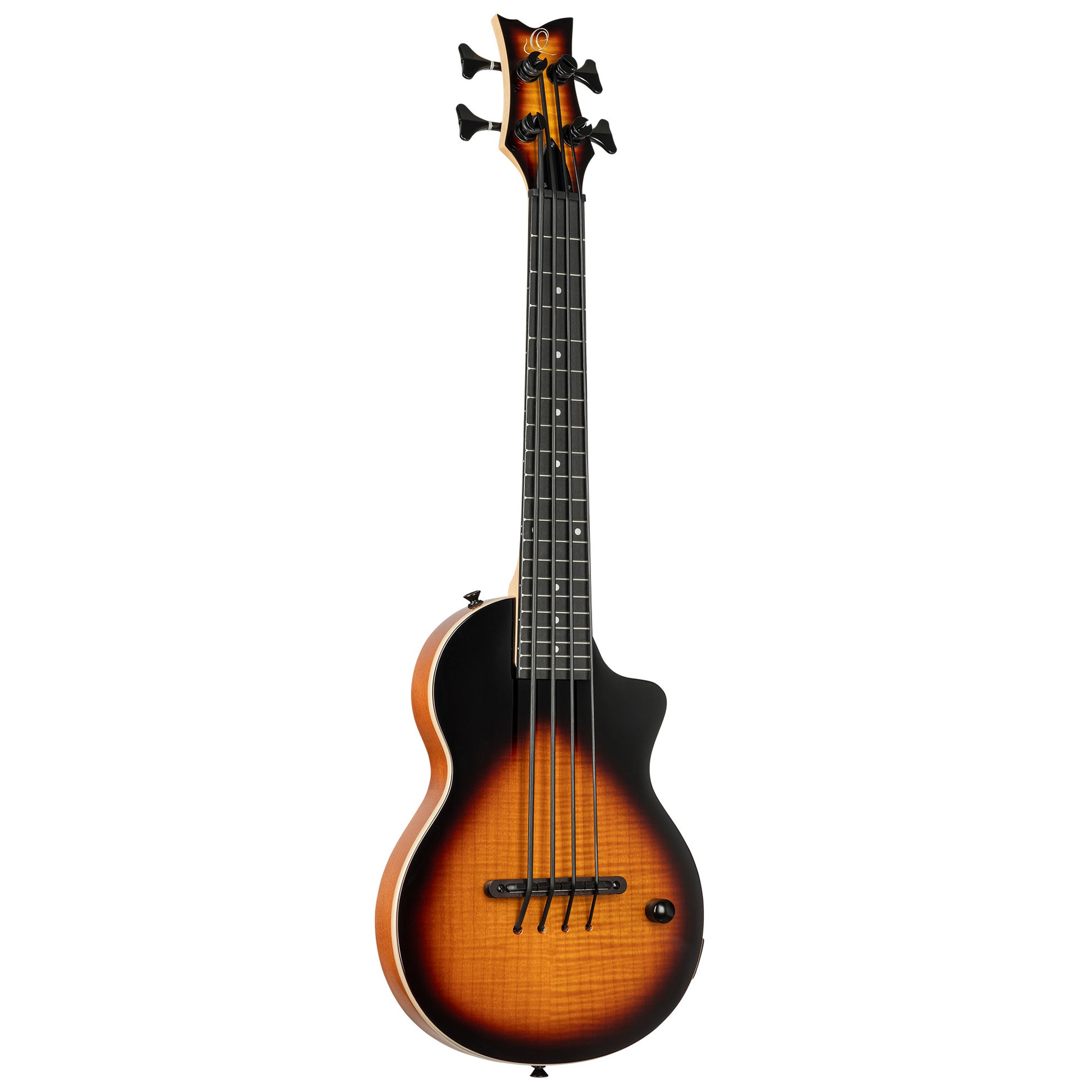 NEO-BS-TSB, modèle Ukebass, pan coupé, EQ MagusExpress, table érable flammé, corps okoumé, manche érable, housse, tobacco burst