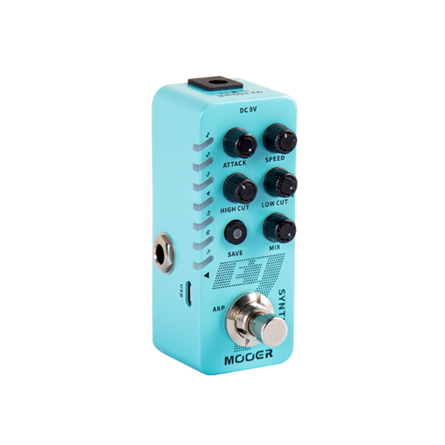 Pédale E7 SYNTH, synthétiseur guitare polyphonique, 7 types de sons, 7 presets utilisateurs, boîtier métal, true bypass, bleu