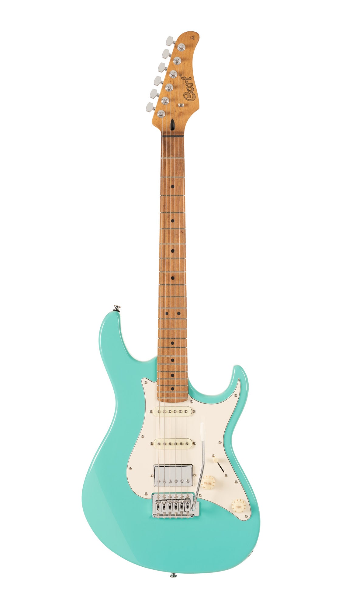 G200 SE, corps peuplier, manche et touche érable torréfié, 1 micro double et 2 simples Cort Powersound, trémolo, sea foam green