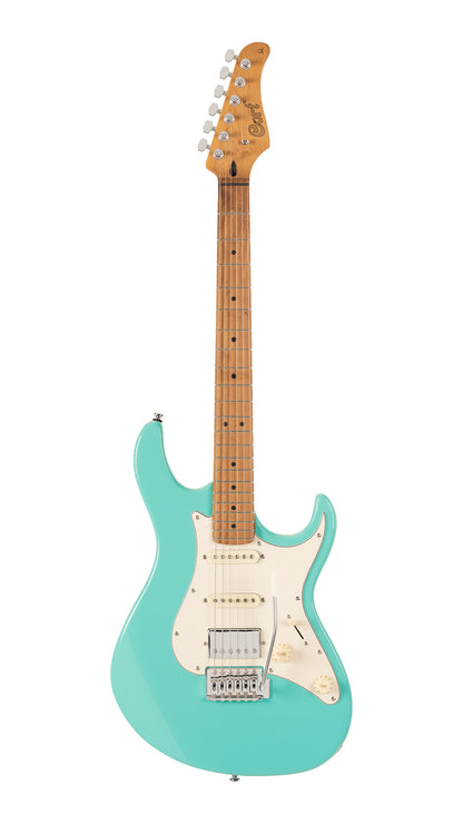 G200 SE, corps peuplier, manche et touche érable torréfié, 1 micro double et 2 simples Cort Powersound, trémolo, sea foam green