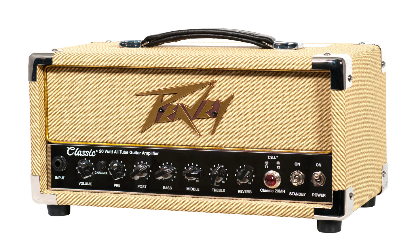 Tête amplifiée à lampes compact 20W, 2 canaux, EQ 3 bandes, Reverb, pédalier inclus, sortie DI, sortie casque, finition tweed