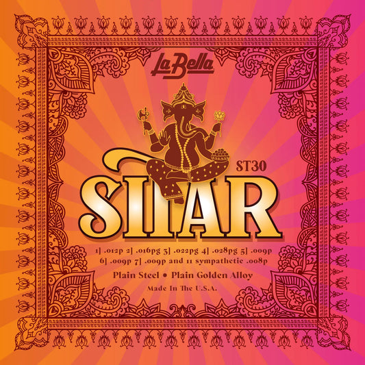 Jeu pour sitar, acier plein & alliage doré plein, 7 cordes jouées et 11 cordes sympathiques (12p-16pg-22pg-28pg-09px3-08px11)