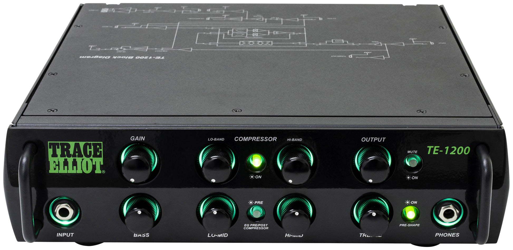 Tête amplifiée pour basse 1200W RMS, EQ 4 bandes, compresseur 2 bandes, 2 sorties jack, sortie DI, sortie casque, finition noir