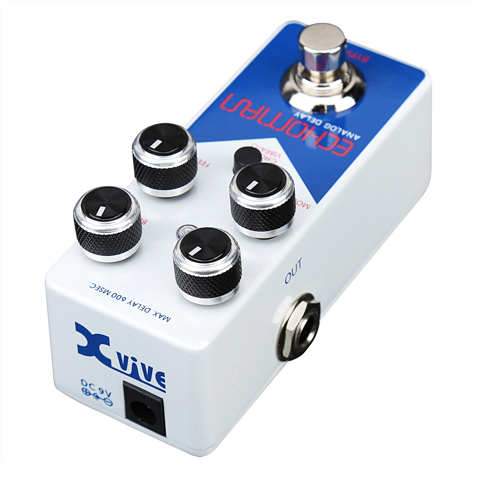 Pédale d'effet ECHOMAN, délai type analogique (jusqu'à 600 ms), modulation (CHORUS/VIBRATO), buffered bypass, blanc et bleu